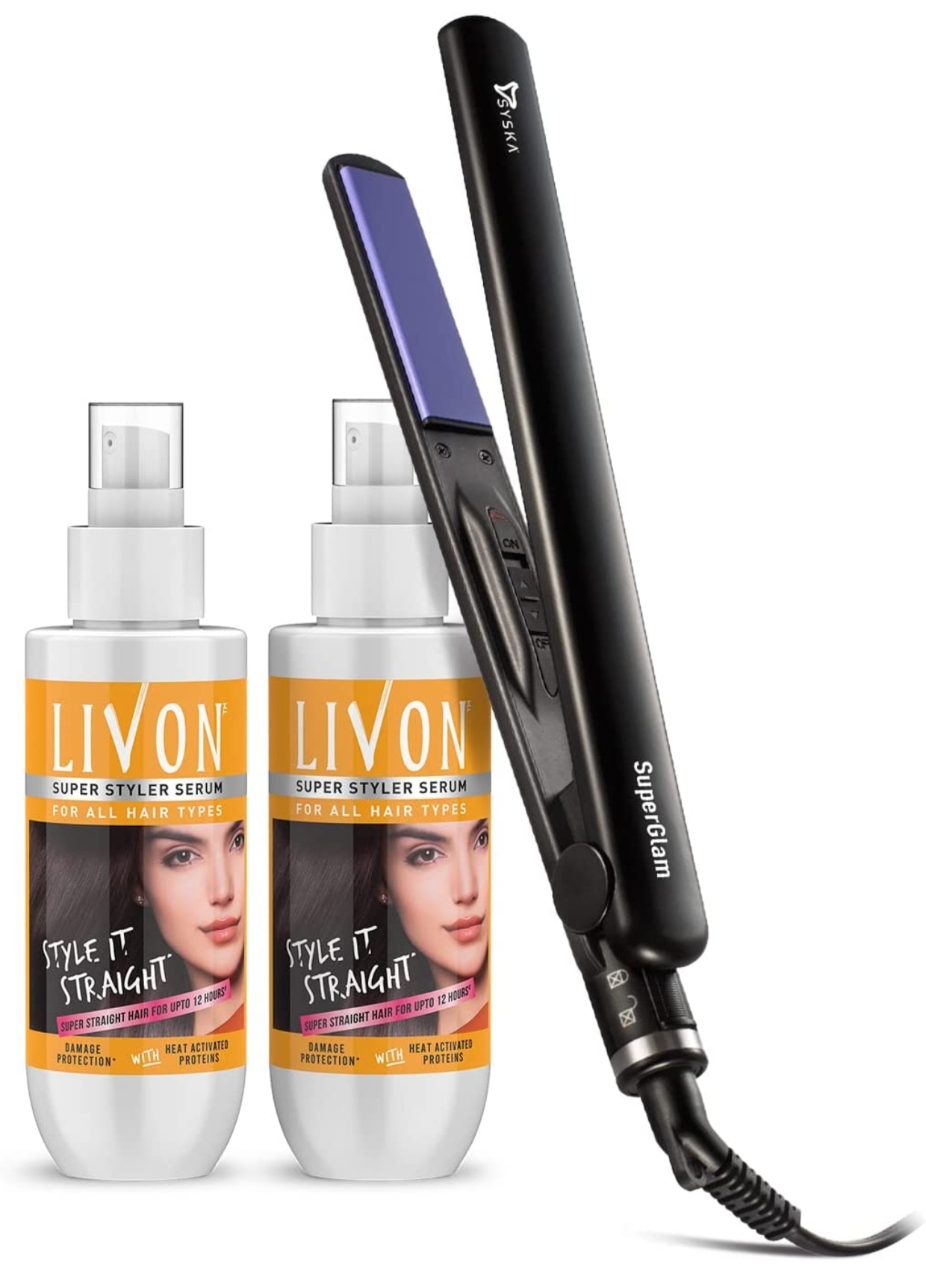 Livon Super Styler Serum For Women & Men For Hair Straightening |Straighter Hair Up To 12 Hours & 5X Less Breakage | With Heat Activated Proteins | 100 ml (Pack of 2) With Syska Hair Straightener