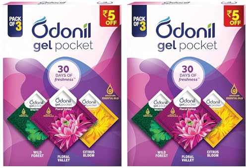 Odonil Gel Pocket Mix – 60g (Pack of 30gx2) (Assorted pack of 3 new fragrances) | Infused with Essential Oils | Germ Protection | Lasts Up to 30 days | Air Freshener for Bathroom and Toilet