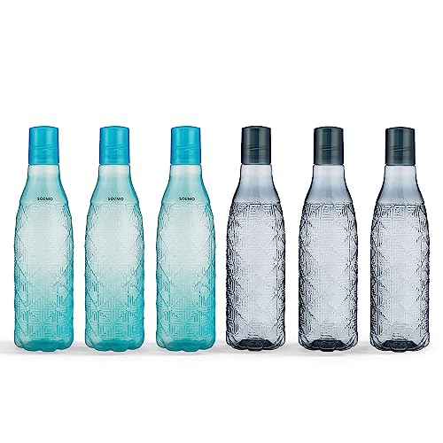 Amazon Brand – Solimo Diamond Water Bottles, Spill-Proof, 3.2 Cm Neck, Firm Grip (Set of 6, 1 L Each, 3 Smoke and 3 Sea Green)