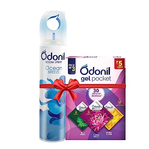 Odonil Spray & Gel Pocket Combo : Odonil Room Air Freshner Spray, Ocean Breeze – 220ml + Odonil Gel Pocket Mix – 30g (Assorted pack of 3 new fragrances) | For Home & Office | Long Lasting Fragrance