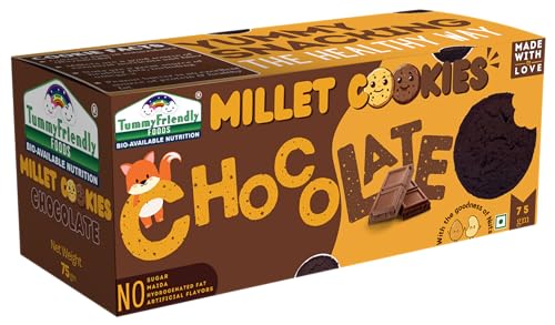 Tummy Friendly Millet Cookies – Chocolate. Gluten-Free, Sugar-Free, Perfect for Kids, 1-Year-Olds & Adults. Ragi Millet Bliss + Jaggery. Perfectly Crafted Millet Biscuits for a Healthier Lifestyle. Enjoy Cookies Without Sugar, Gluten, Harmful Ingredients. Thoughtfully Designed for Baby’s First Year & Beyond. Nutrient-Rich, Fresh, Irresistibly Tasty. Nutritious, Healthy Snacks for kids. The Best Gift: Deliciously Healthy Cookies for Every Occasion-75 grams