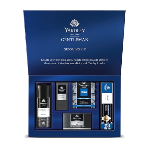 Yardley London Gentleman Luxury Grooming Kit For Men With Classic Activated Charcoal Soap, Elegance Lather Shaving Cream, After Shave Lotion, Shaving Brush, and Classic Body Deodorant Spray| Elite Gift Collection For Men|Premium and Long Lasting Fragrance