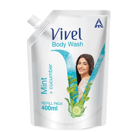 Vivel Exfoliating Body Wash, Mint & Cucumber Shower Gel Creme, Liquid Refill Pouch, 400 ml, for Glowing and Moisturised Skin Refill Pouch, All Skin Types