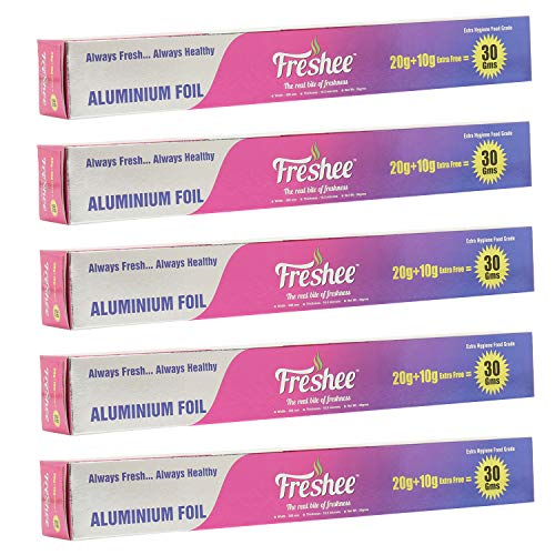 Freshee 30gm Disposable Silver Foil Roll Pack of 5, 11 Micron Thick Aluminium Foil for Food Wrapping Delivery & Oven Baking