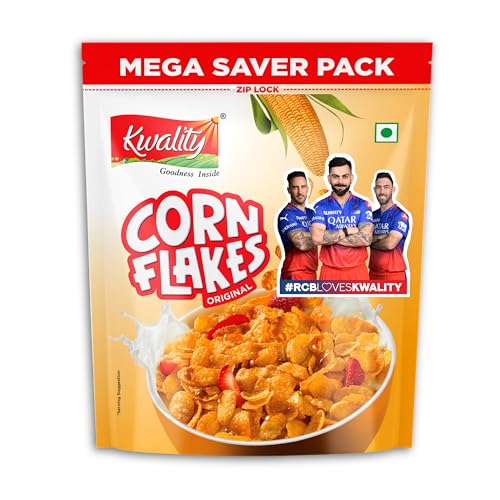 Kwality Corn Flakes 1kg | Made with Golden Corns | 99% Fat Free, Natural Source of Vitamin & Iron | High in Protein & Fiber | Healthy Food & Breakfast Cereal | Low Fat & Cholesterol