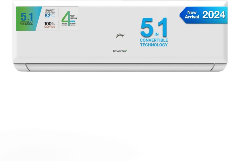 Godrej 5-In-1 Convertible 2024 Model 1.5 Ton 4 Star Split Inverter 4 Way Air Swing And Heavy Duty Cooling at Extreme Temperature AC – White(EI 18PINV4R32 WYP, Copper Condenser)