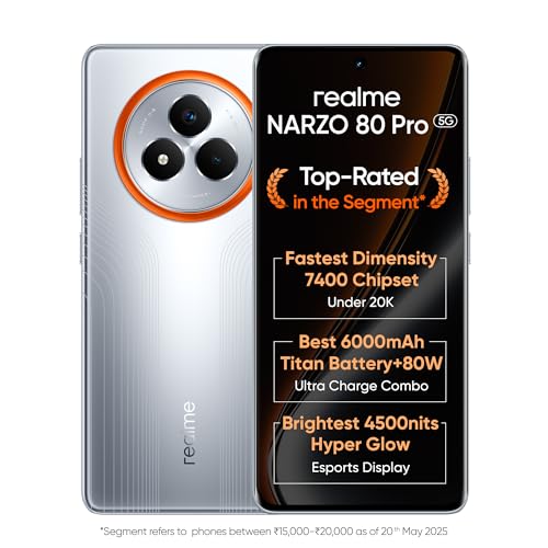 realme NARZO 80 Pro 5G (Speed Silver,8GB+128GB) | Segment’s 1st MediaTek Dimensity 7400 Chipset | 6000mAh Titan Battery + 80W Ultra Charge | 4500nits HyperGlow Esports Display | IP69 Waterproof