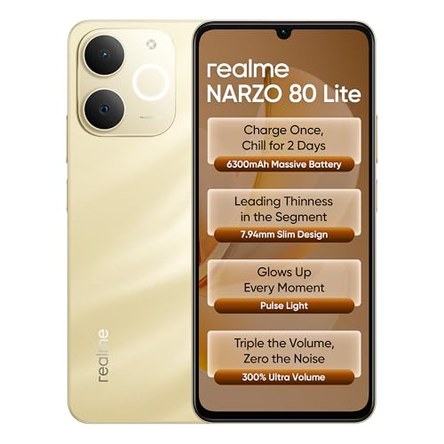 realme NARZO 80 Lite 4G (Beach Gold, 6GB+128GB) | 6300mAh Segment’s Biggest Battery | 7.94mm Slim Design | 300% Ultra Volume | Pulse Light: 9 Colors, 5 Glow Modes | Ai Assist