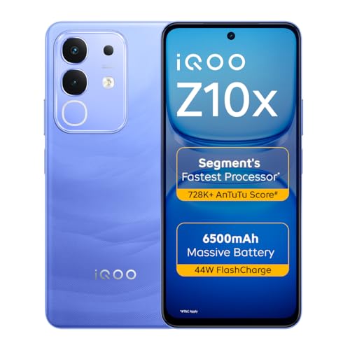 iQOO Z10x 5G (Ultramarine, 6GB RAM, 128GB Storage) | 6500 mAh Large Capacity Battery | Dimensity 7300 Processor | Military-Grade Durability