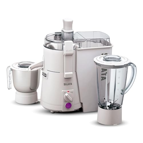 Sujata Powermatic Plus Juicer Mixer Grinder|900 Watts Double Ball Bearing Motor|22000 RPM|Non-Stop 90 Mins Running|2 Jars including 1750ml Blender, 1000ml Grinder Jar| (White)