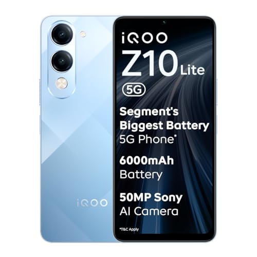 iQOO Z10 Lite 5G (Titanium Blue, 6GB RAM, 128GB Storage) | 6000 mAh Battery | Dimensity 6300 5G Processor with 433K+* AnTuTu Score | IP64 Rated & Military Grade Shock-Resistance*