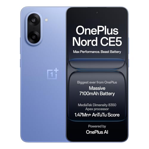 OnePlus Nord CE5 | Massive 7100mAh Battery | MediaTek Dimensity 8350 Apex | Powered by OnePlus AI | 8GB + 256GB | Nexus Blue