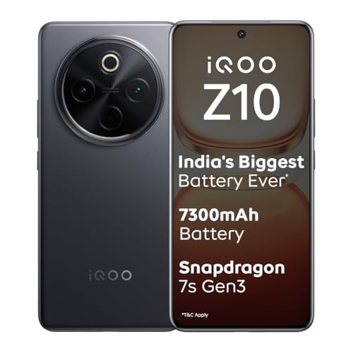 iQOO Z10 5G (Stellar Black, 8GB RAM, 128GB Storage) | India’s Biggest Ever 7300 mAh Battery | Snapdragon 7s Gen 3 Processor | Brightest Quad Curved AMOLED Display in The Segment