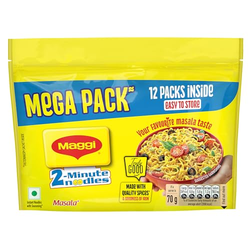 MAGGI 2-Minute Instant Noodles, Masala Noodles With Goodness Of Iron, Made With Choicest Quality Spices, Favourite Masala Taste, 840/900g Pouch (Pack of 12, 70/75g each) (weight may vary)