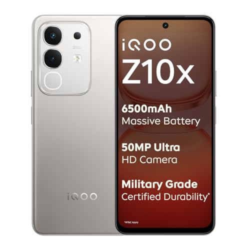 iQOO Z10x 5G (Titanium, 6GB RAM, 128GB Storage) | 6500 mAh Large Capacity Battery | Dimensity 7300 Processor | Military-Grade Durability