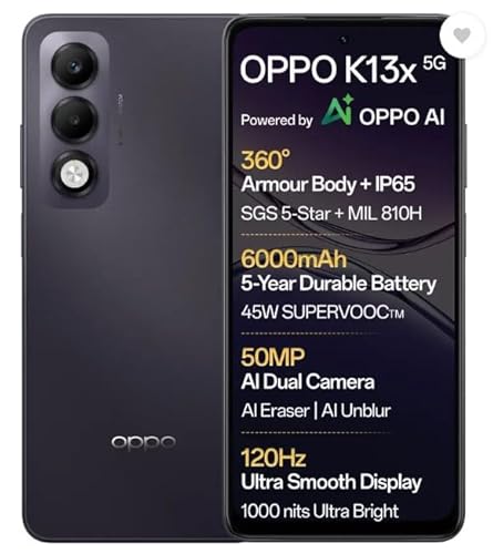 OPPO K13x 5G 6000mAh and 45W SUPERVOOC Charger & AI (Midnight Violet, 128 GB) (4 GB RAM)