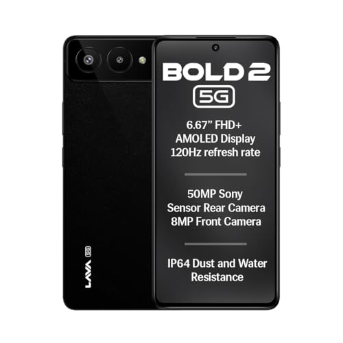 Lava Bold 2 5G (Midnight Black, 6 GB RAM, 128 GB Storage) | 6.67″ FHD+ AMOLED Display | MTK D7060 Processor | 50 MP Front Camera | LPDDR5 UFS 3.1 ROM | 5000 mAh | 33W Fast Charging