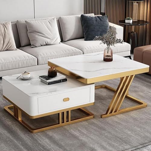 RIZIK Stores™ Iron Frame Handmade Drawer Square Coffee Table/Nesting Table/Side Table/Center Table with Engineered Wood Top for Living Room/Drawing Room/Balcony (White Gold, 12″x12″)