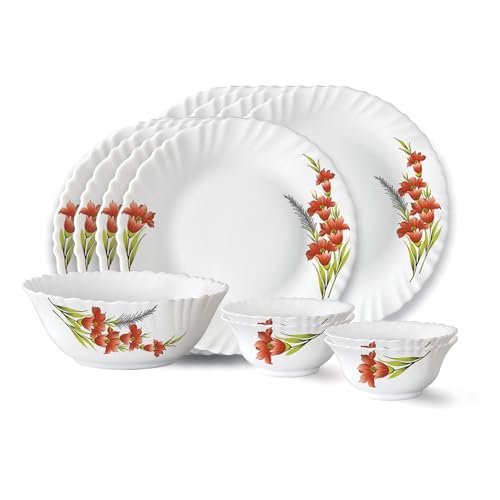 Larah by Borosil Red Iris Fluted Series Opalware Dinner Set | 13 Pieces for Family of 4 | Microwave & Dishwasher Safe | Bone-Ash Free | Crockery Set for Dining & Gifting | Plates & Bowls | White