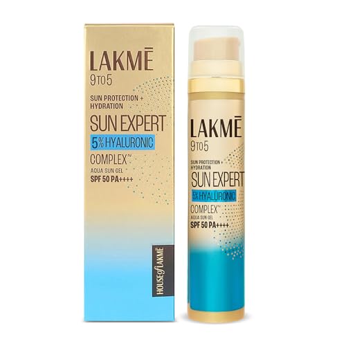 Lakmē Sun Expert 5% Hyaluronic water-light Sunscreen gel SPF 50 Pa++++ Best for Oily Skin | Even toned & Glowing Skin | Non-Sticky| Helps reduce pigmentation | UVA/B Protection, No White Cast 56G