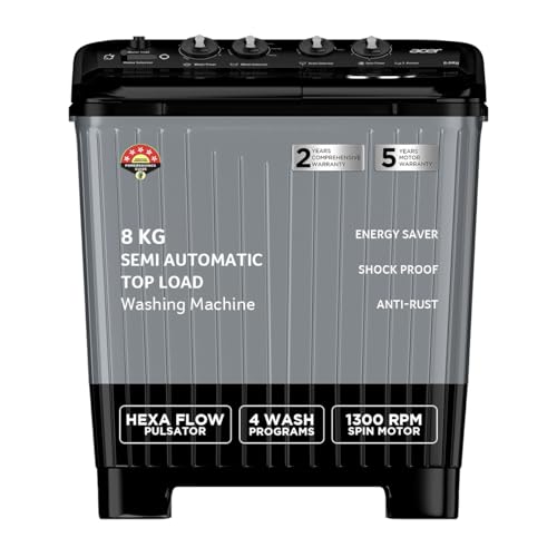 Acer 8.0 Kg 5 Star Semi-Automatic Top Loading Washing Machine(AR80SAMBGL124D, Black-Grey, 4 Wash Programs, Hexa Flow Pulsator, Advanced Lint Filter)