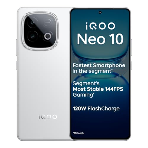 iQOO Neo 10 (Alpine White, 8GB RAM, 256GB Storage) | Segment’s Fastest Processor* with Snapdragon 8s Gen 4 & Supercomputing chip Q1 | 120W FlashCharge | Segment’s Brightest AMOLED Display*