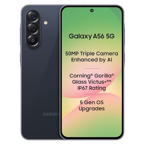 Samsung Galaxy A56 5G (Awesome Midnight Blue, 8GB, 128GB) | Segment Most Complete Triple Camera | AI Editing | 4nm Processor | sAMOLED Display| Gorilla Glass Victus+| 5 Gen OS Upgrades