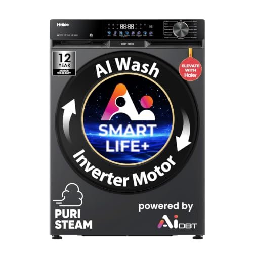 Haier Smart Choice 10Kg,5 Star,AI Smart LIFE+,Vibrant Touch Panel, 525 mm Super Drum, Refresh,WiFi enabled,Fully Automatic Front Load Washer(EFL100-IM14F5ES8U1 | Dark Jade Silver)